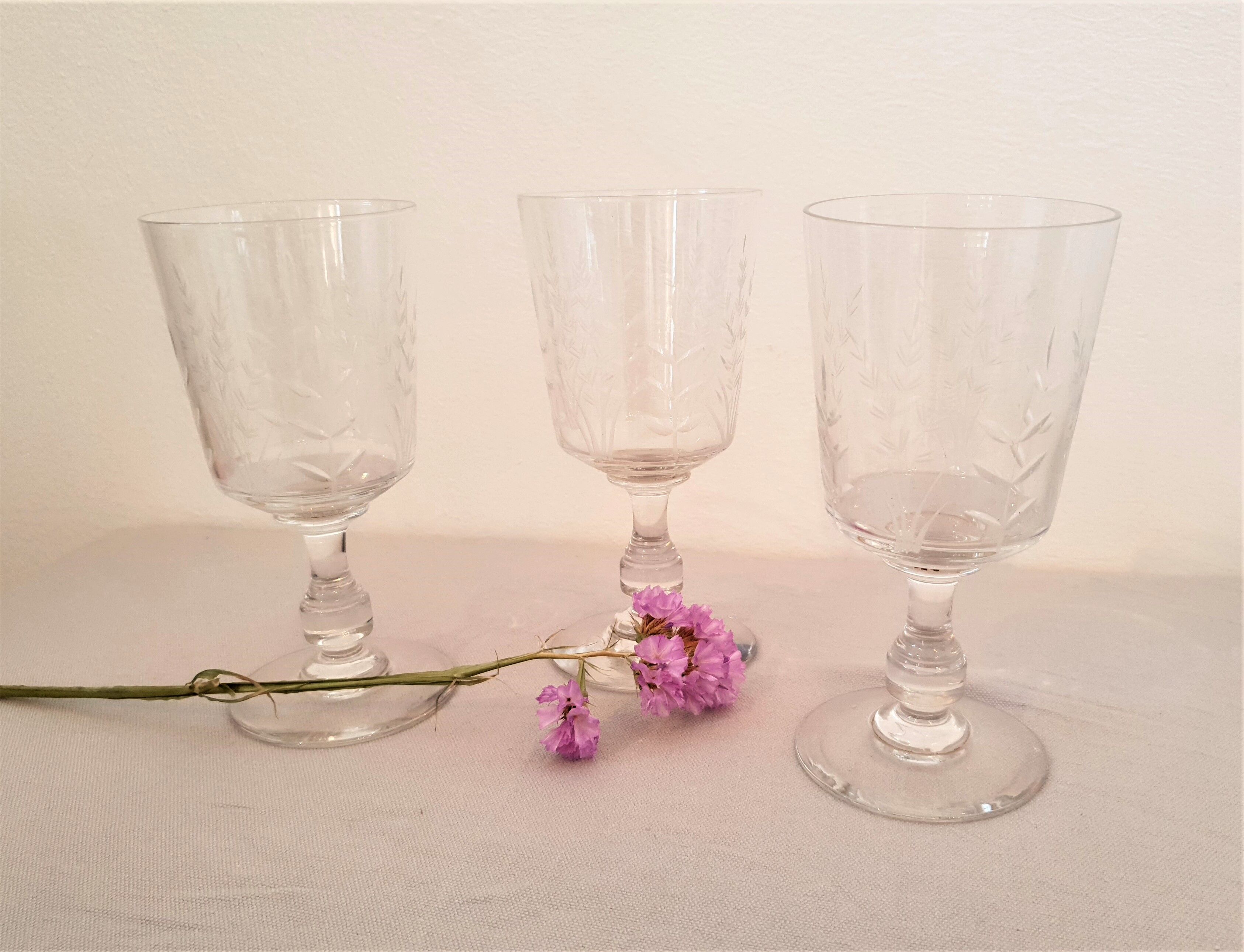 3 cut crystal glasses, foliage