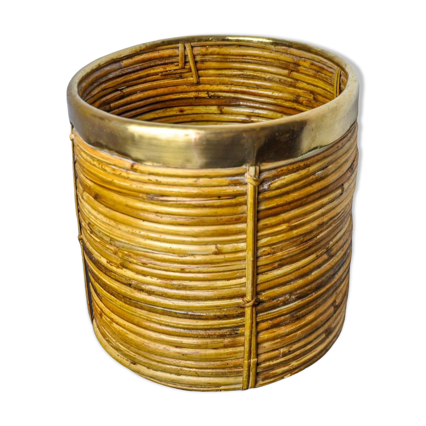 Rattan and brass basket, Italy, 1970, 25 cm diam