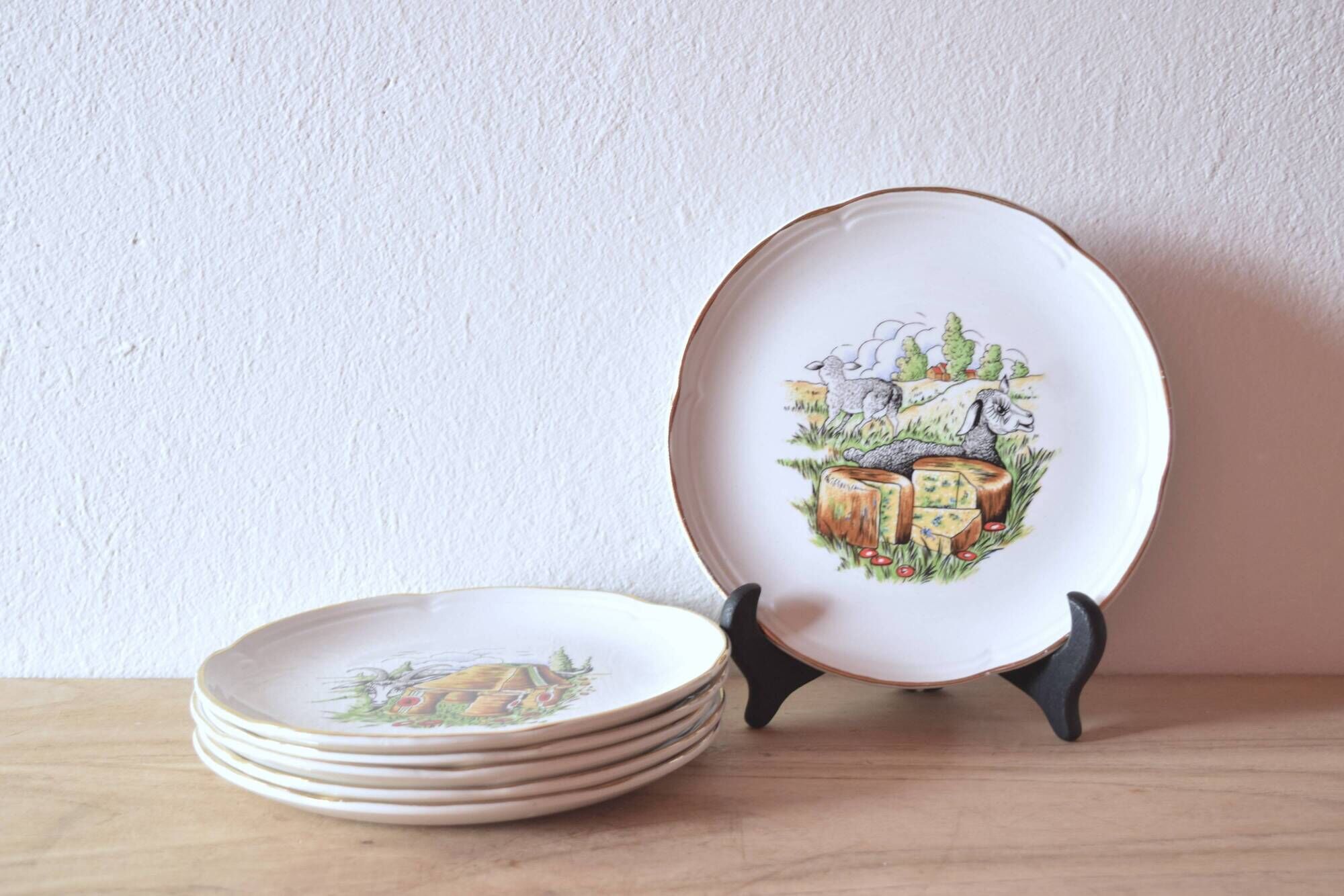 Moulin-des-Loups - Orchies - Set of 6 vintage glazed ceramic cheese plates