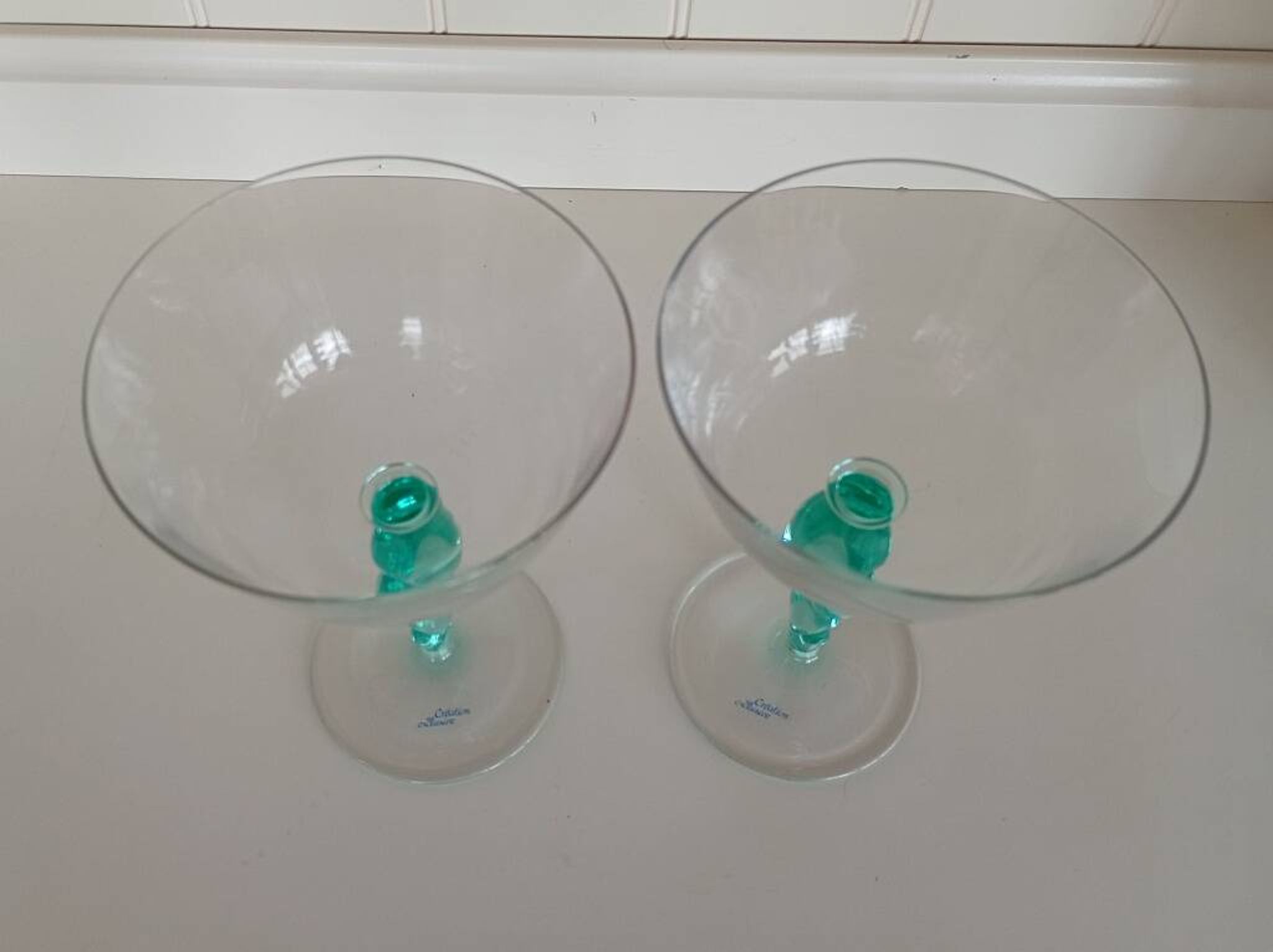 Pair of Vintage Postmodern Crystal Champagne Coupes with Organic Aqua Stems