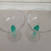 Pair of Vintage Postmodern Crystal Champagne Coupes with Organic Aqua Stems