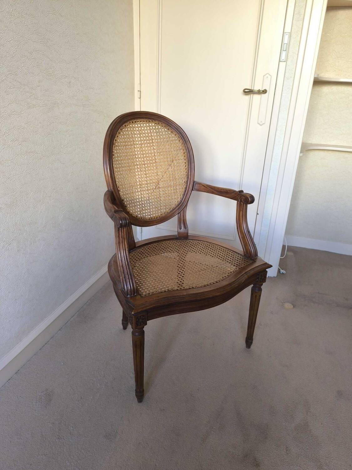 Louis 16 caned medallion armchair with footrest