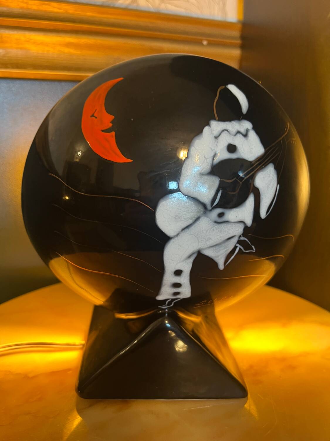 Glazed Earthenware Ball Lamp - Longwy Enamels - "Pierrot at the" Decor