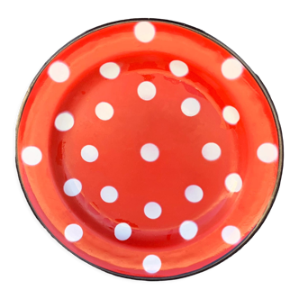Red enamelled iron plate with vintage white polka dots