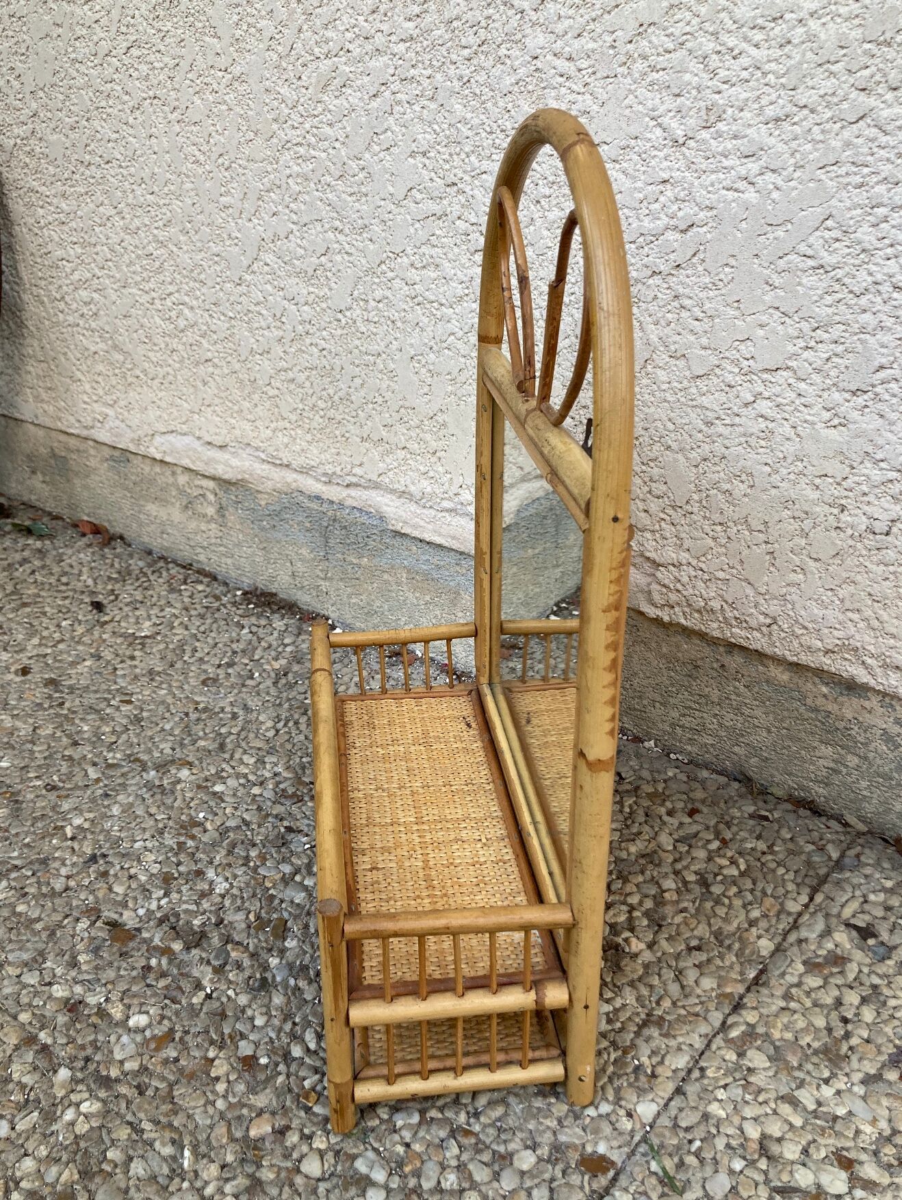 Vintage rattan wall shelf with mirror