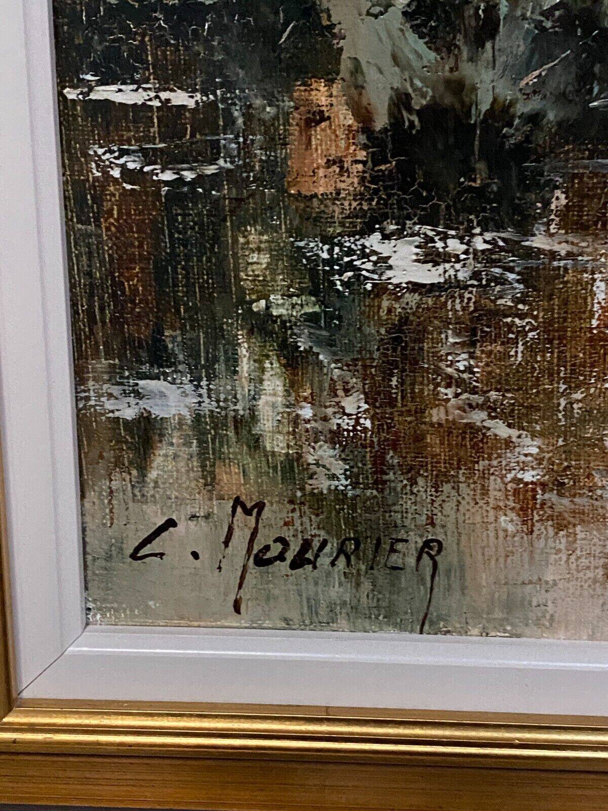 Oil on canvas cottages at the water's edge by Claude Mourier 1980