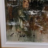 Oil on canvas cottages at the water's edge by Claude Mourier 1980