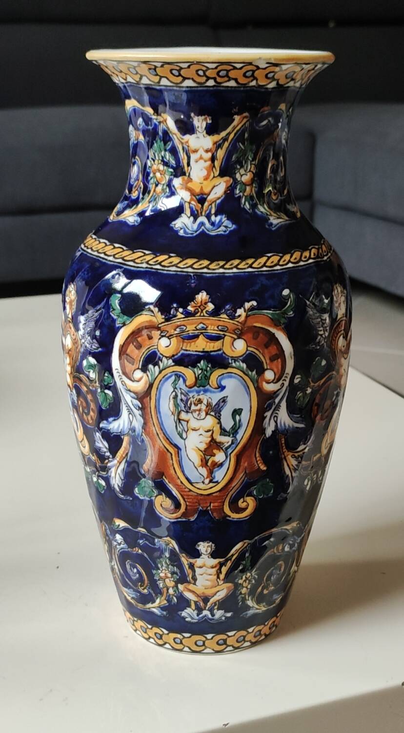 Twisted design vase. Signed Gien France/Renaissance blue background 26 x 13cm