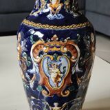 Twisted design vase. Signed Gien France/Renaissance blue background 26 x 13cm