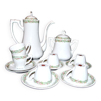 Coffee set porcelaine de limoges 6 cups, coffee maker, sugar bowl decorated with rose on green trellis