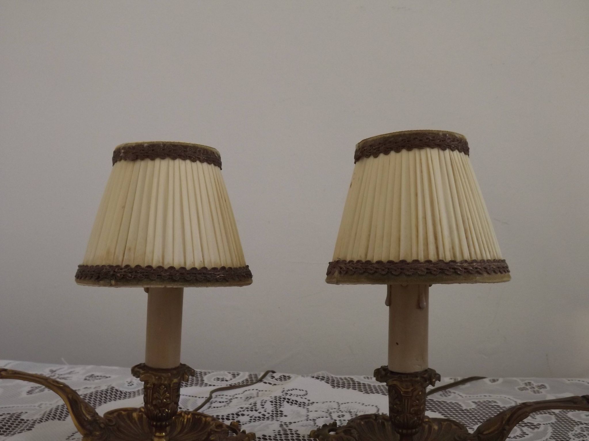 Pair Vintage French Bronze Candlestick Lamps Pleated Fabric Shades