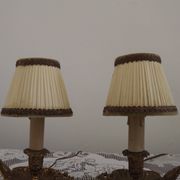 Pair Vintage French Bronze Candlestick Lamps Pleated Fabric Shades