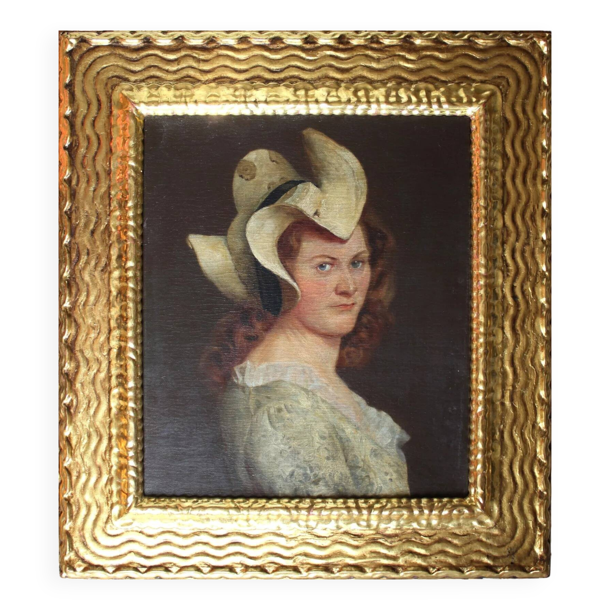 19th Century Portrait of a Lady in a Hat Oil Painting, Framed
