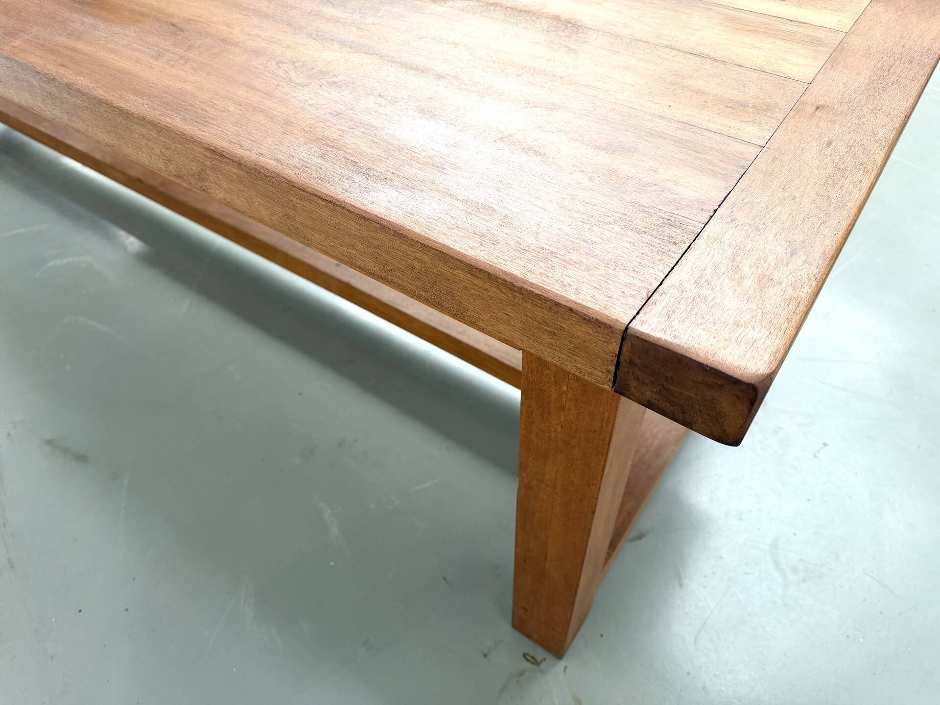 Large modernist farmhouse table in solid beech, thick dowelled top.