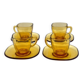 Set of 4 espresso cups and square saucers vereco amber honey glass