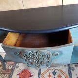 Water green patinated cherry console, black top, drawer