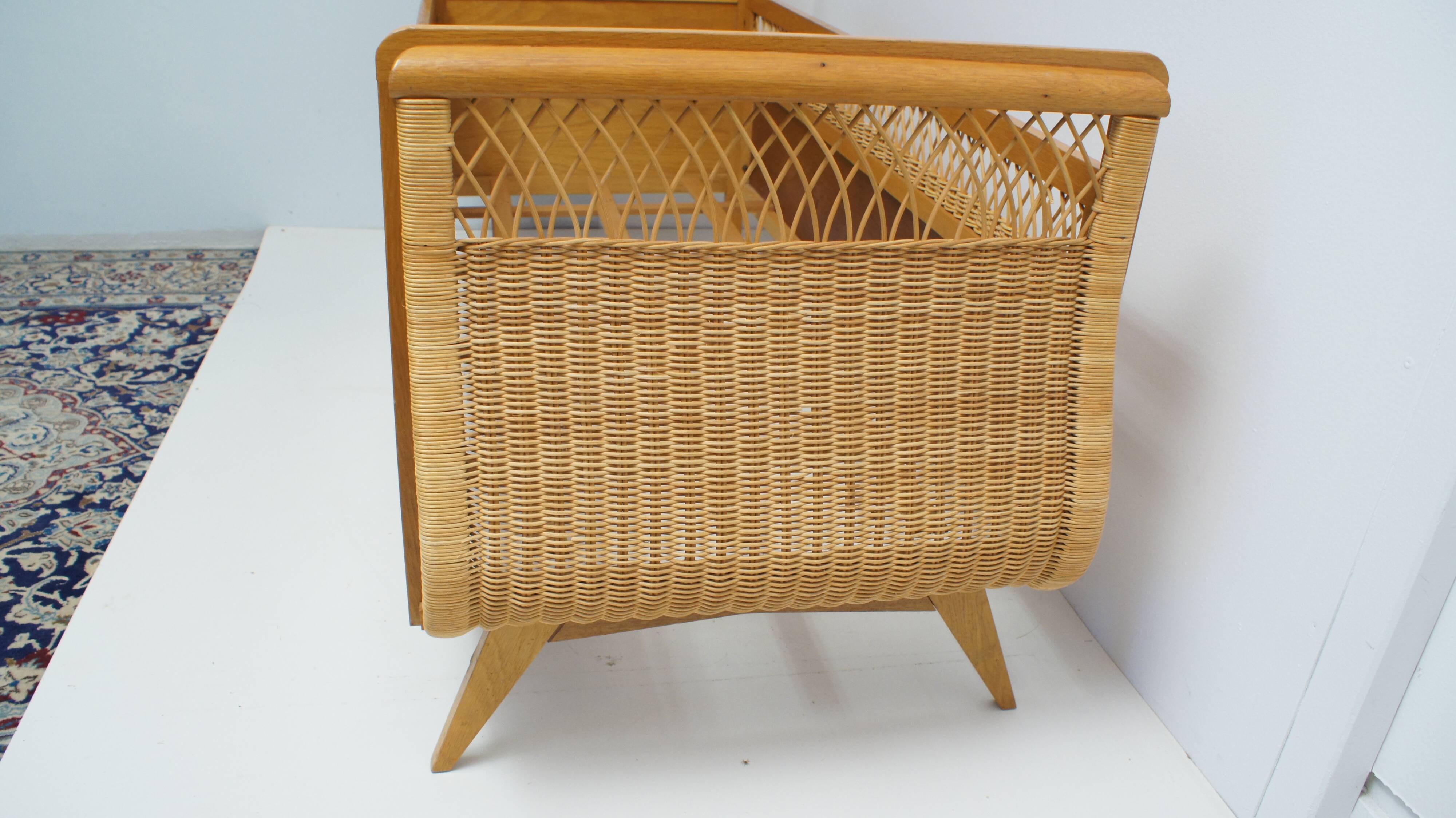 1960s oak and wicker baby bed