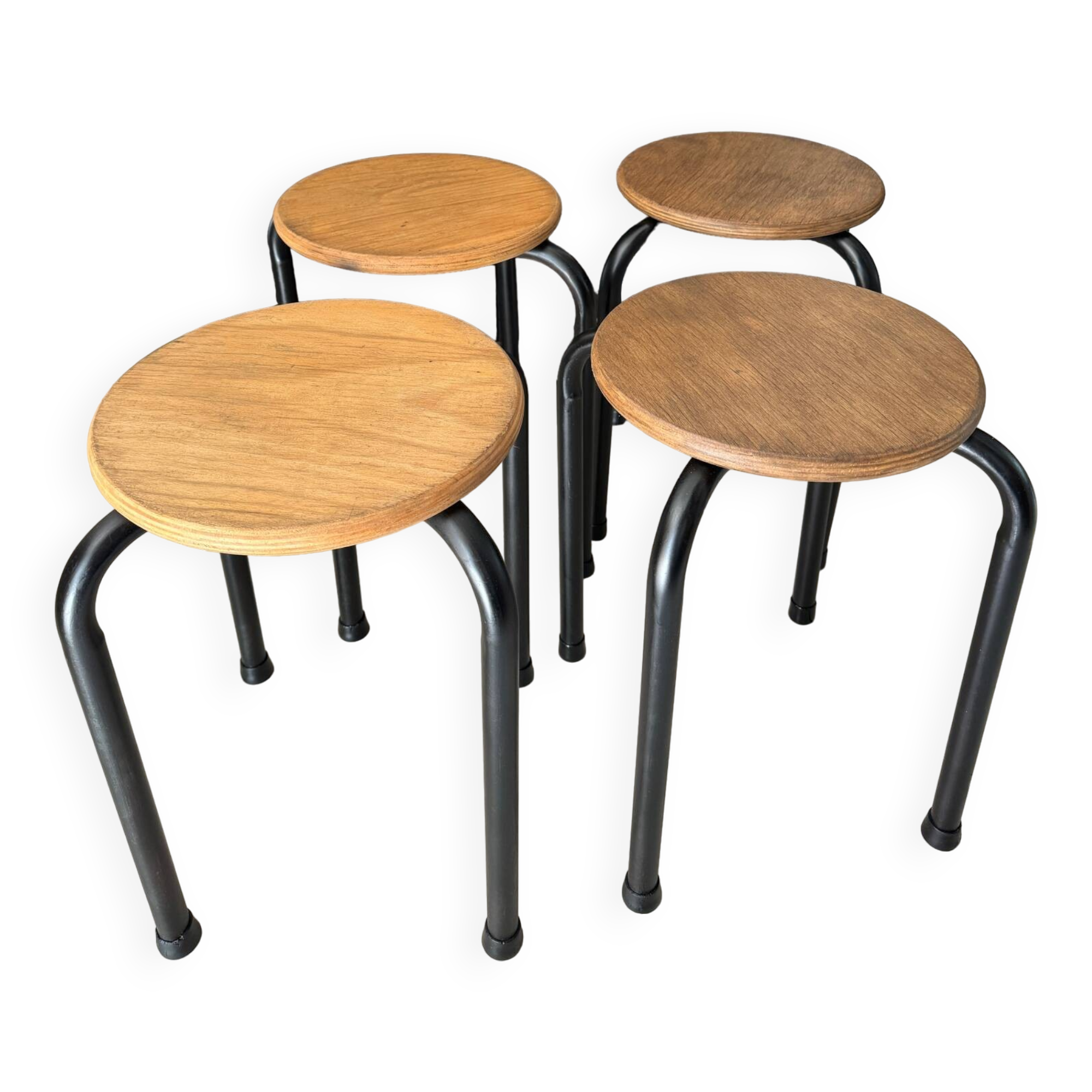 Series of 4 metal and wood school stools