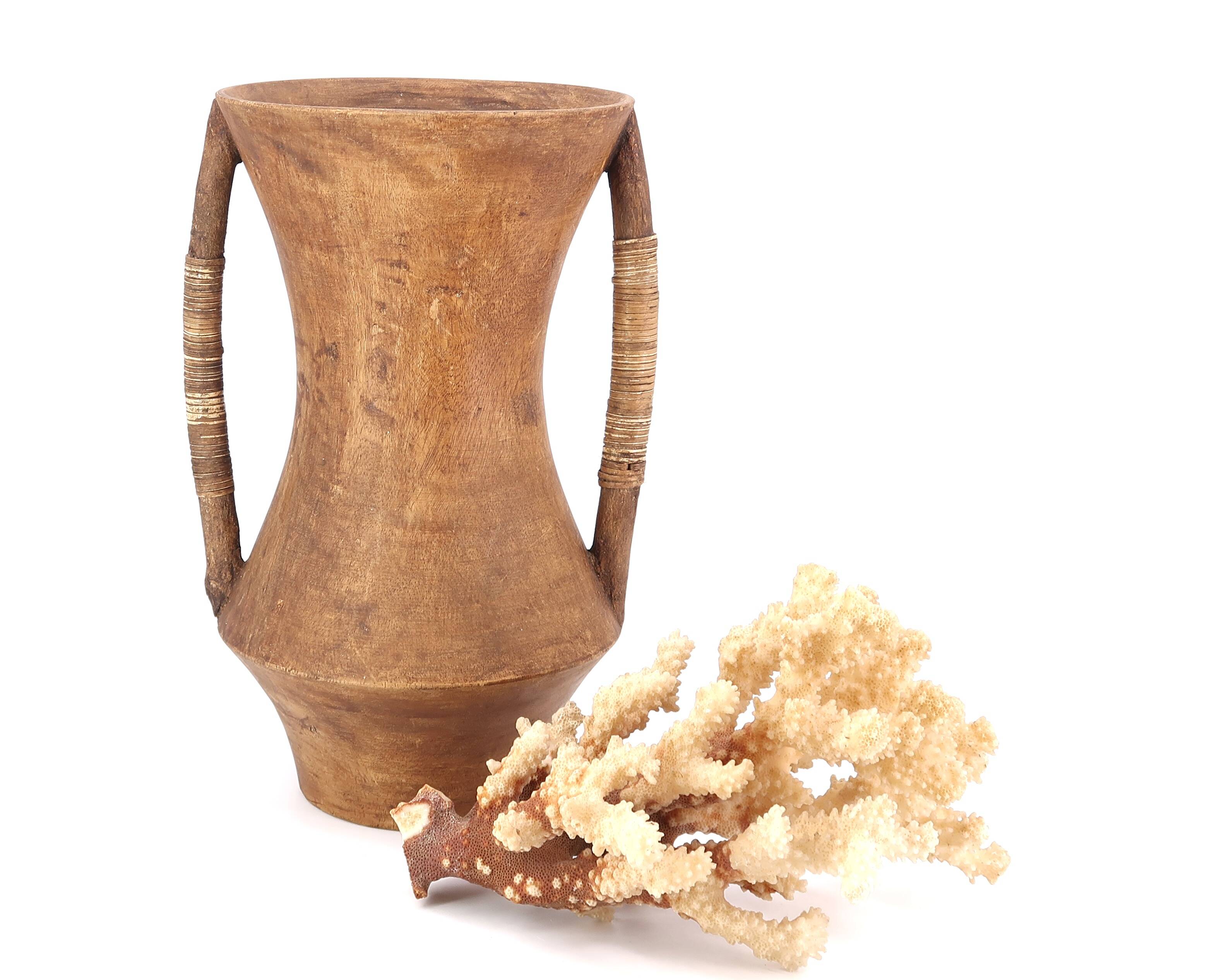 Large wooden vase, handles covered with wicker, 70s jar