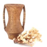 Large wooden vase, handles covered with wicker, 70s jar