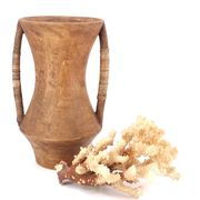 Large wooden vase, handles covered with wicker, 70s jar