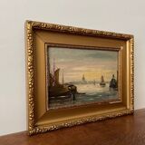 Voilier relaxant et pêche sur la peinture à l'huile du lac à bord