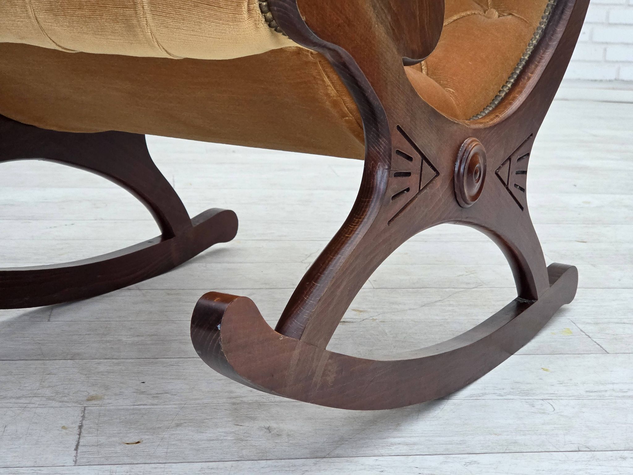 1960s, Scandinavian rocking chair, furniture velour, dark beech wood.