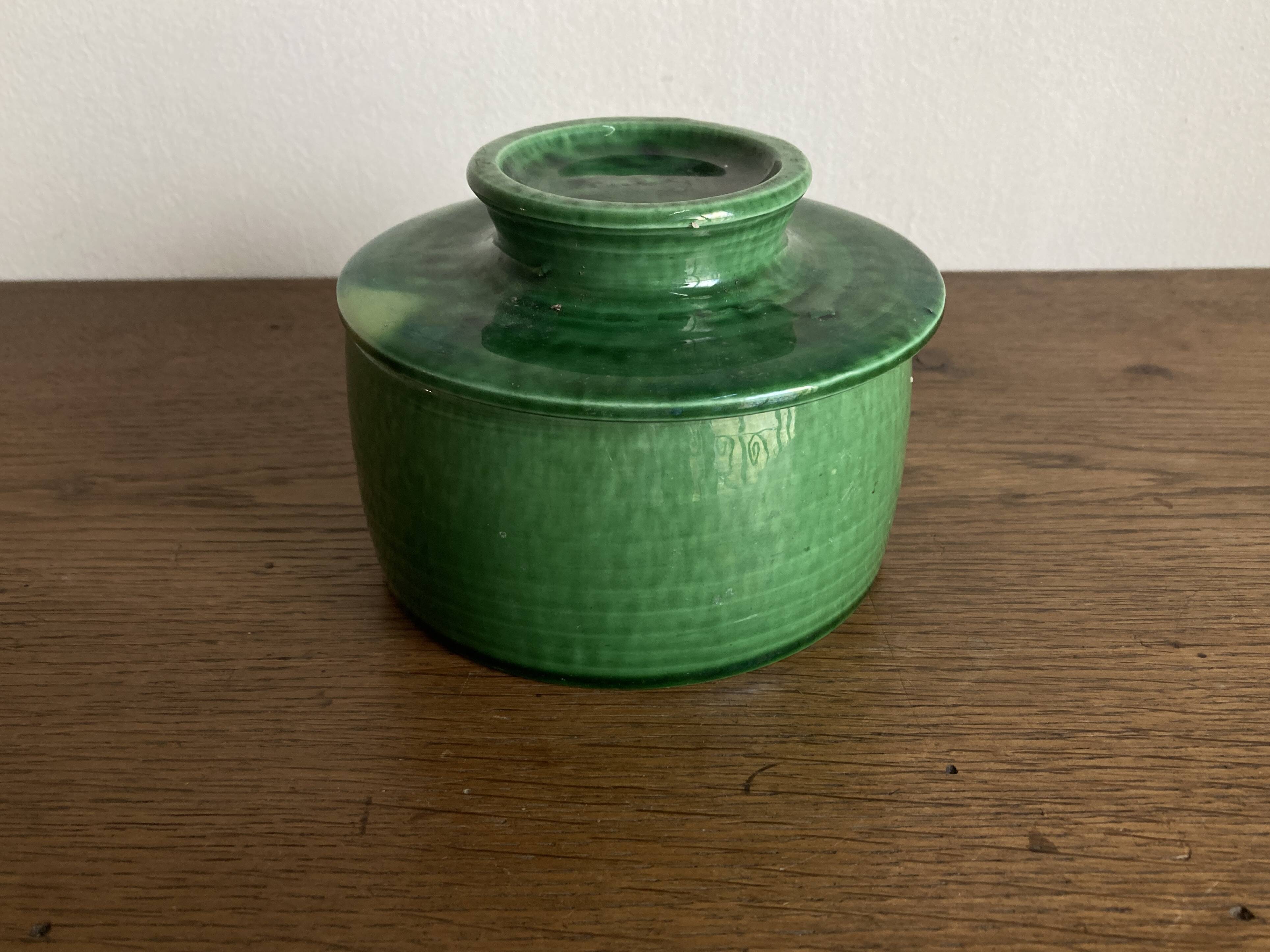 Foucart Jourdan Green glazed earthenware butter dish with water reservoir, 1960
