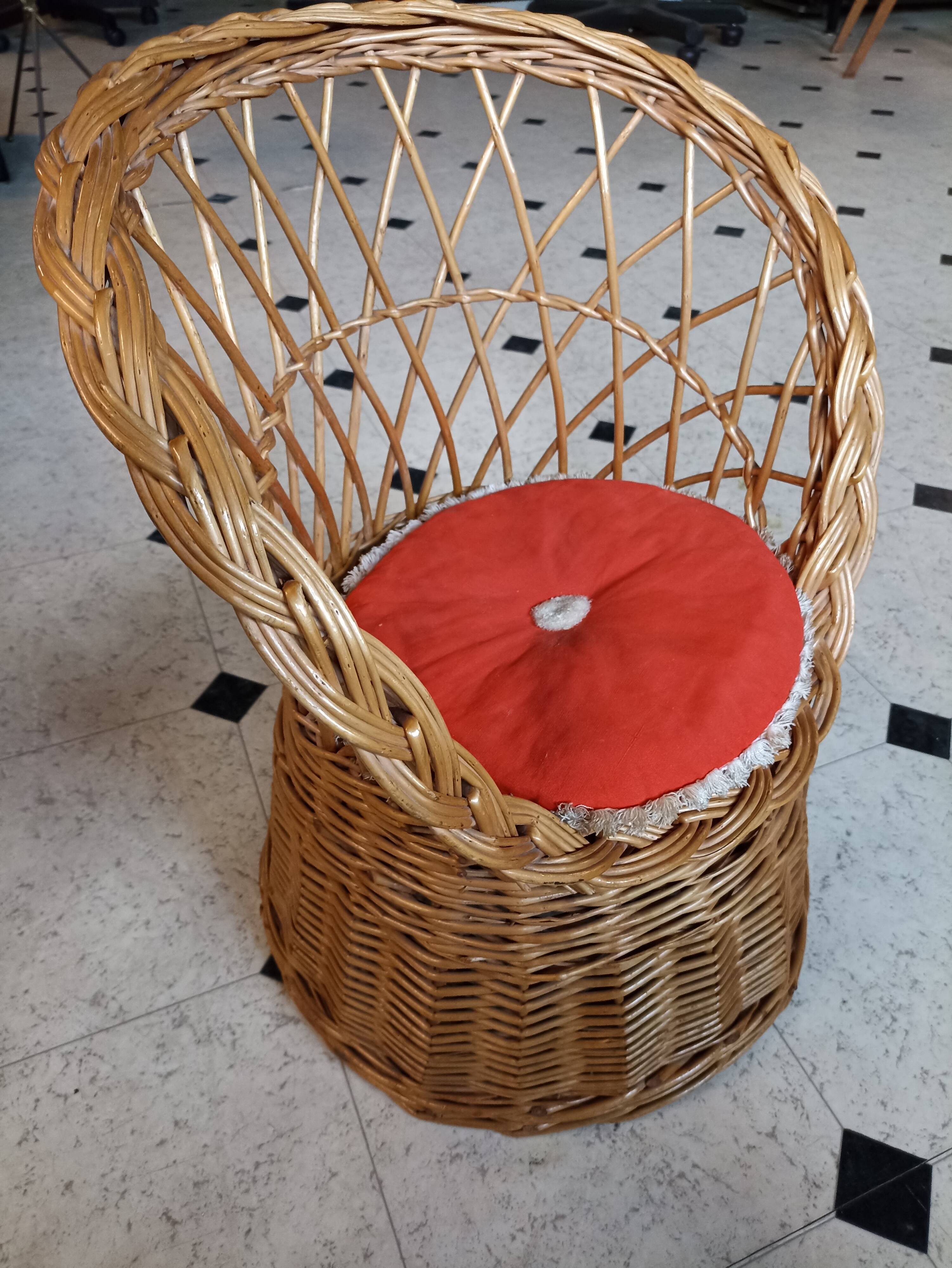 Set of 2 vintage 1970s rattan children's armchairs with orange cushions