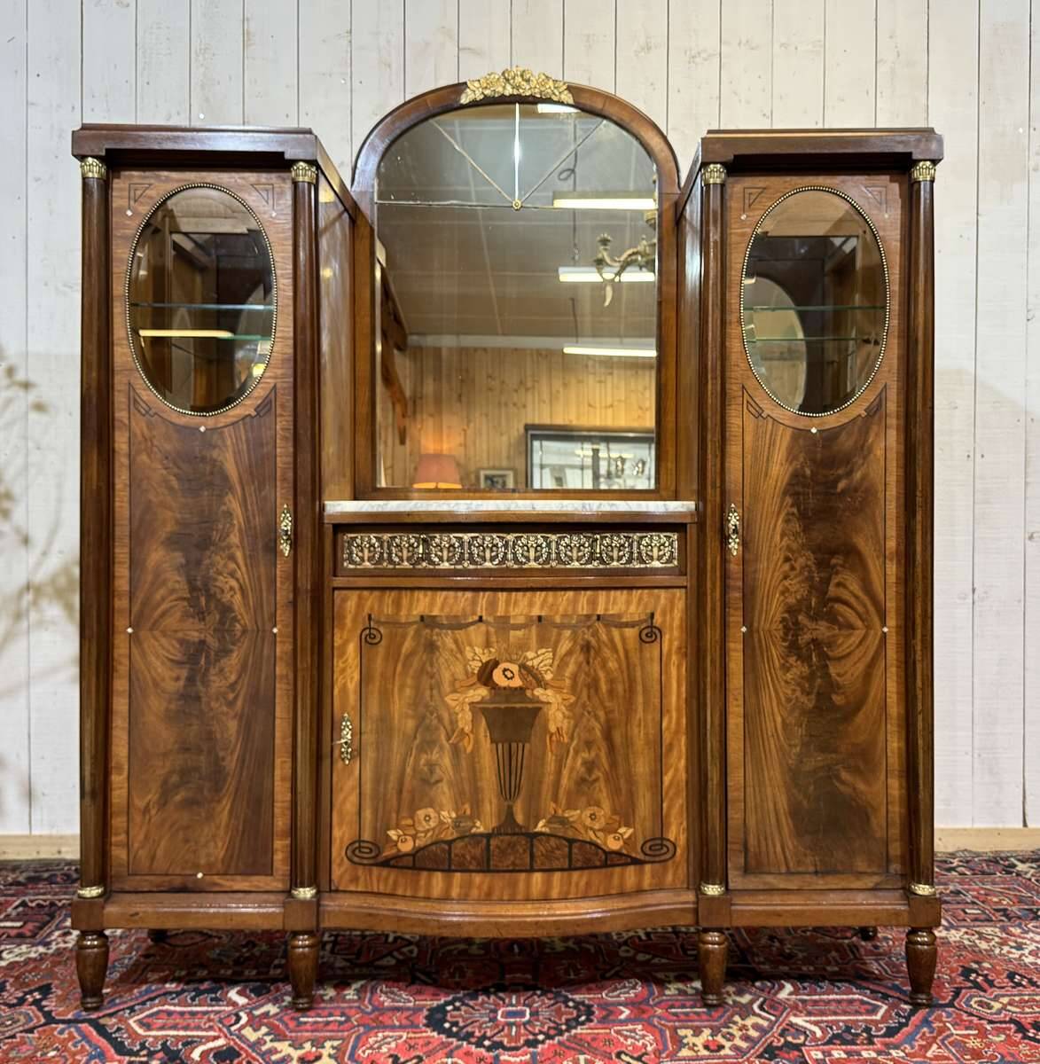 Art Deco buffet in mahogany, oak, and marble top.