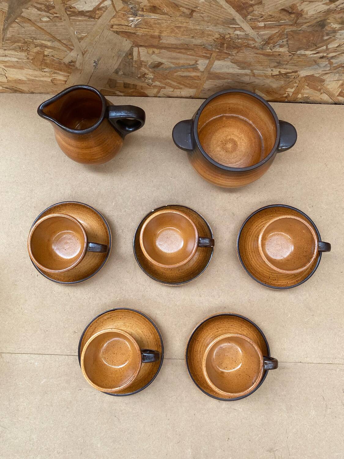 Old tea coffee service st amand meylan ceramic brown beige vintage