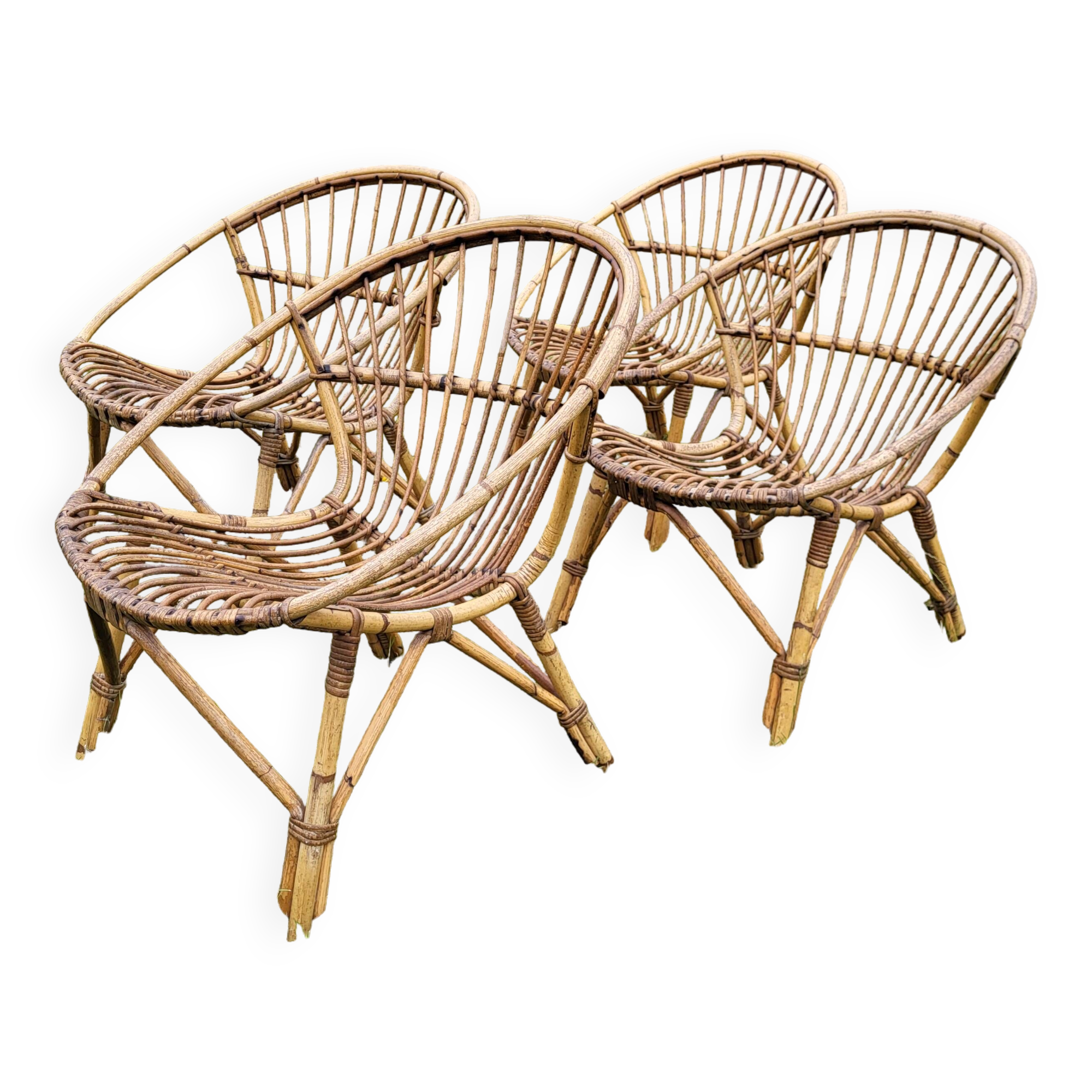 4 "shell" rattan armchairs 1960's