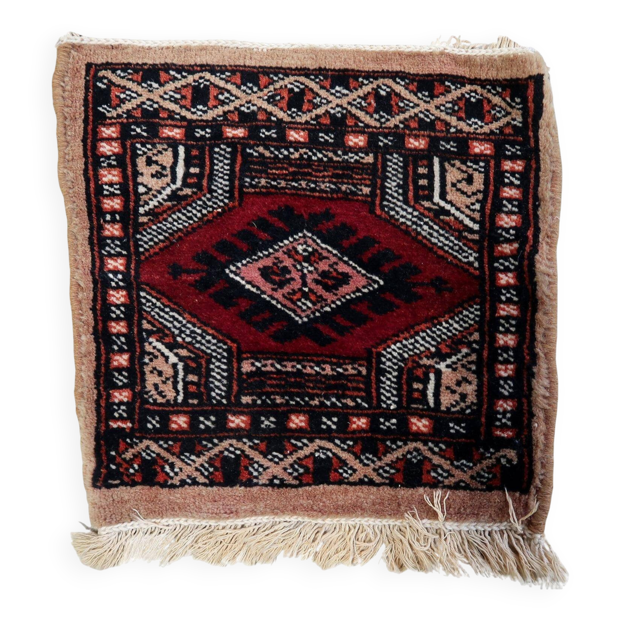 Handmade vintage Uzbek Bukhara mat rug 30cm x 30cm, 1960s
