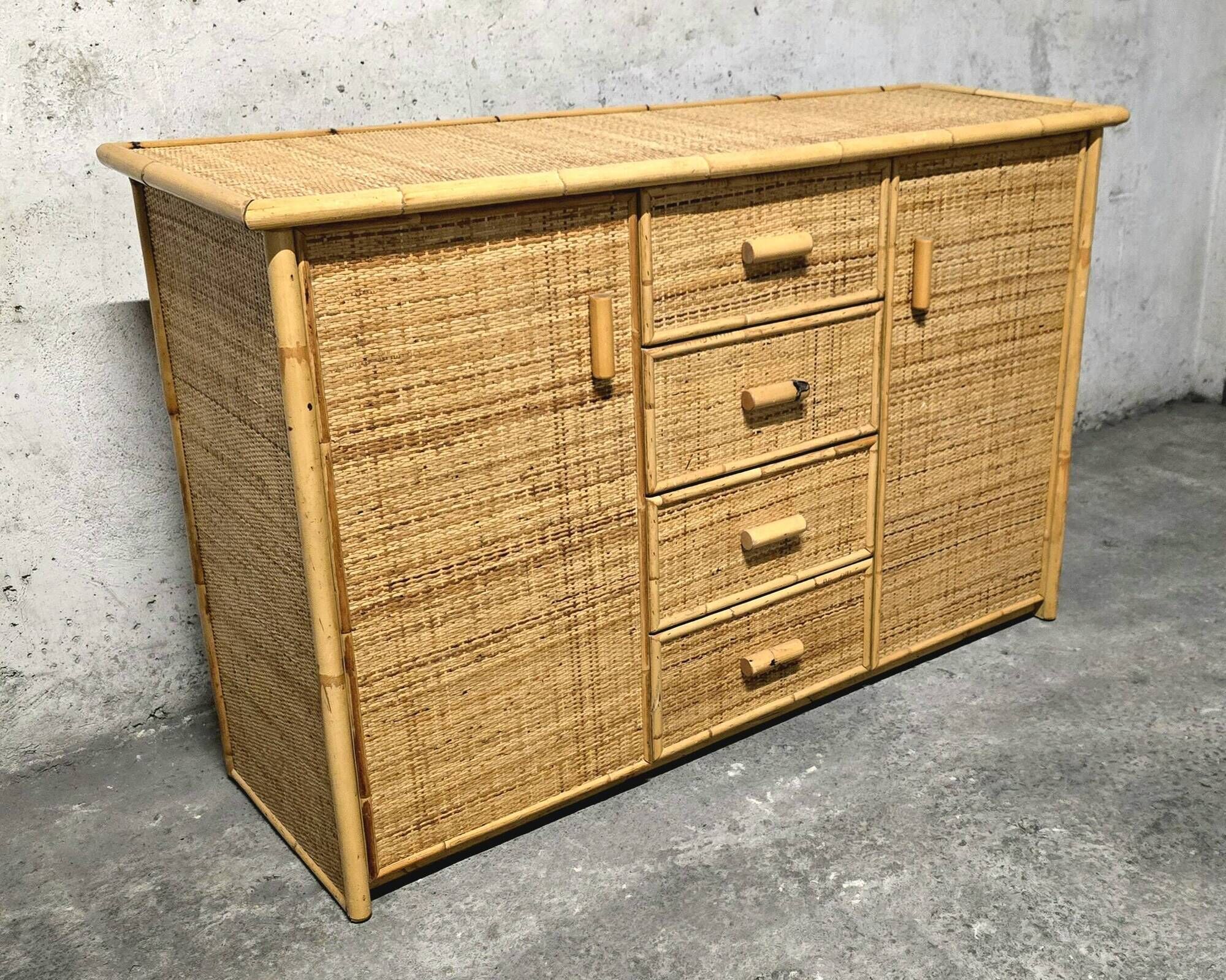 Vintage woven rattan and natural bamboo sideboard - Italy 1970s