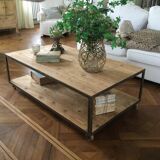Wooden and iron coffee table with 2 shelves