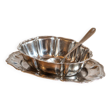 Antique silver-plated sauce boat with sauce spoon – Attached tray in Louis XV style