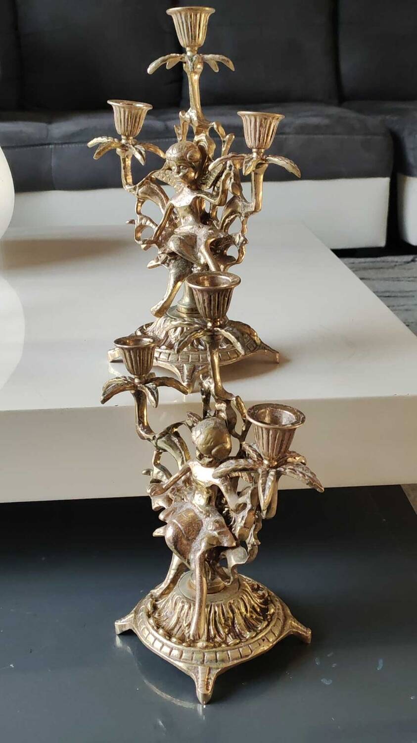 Pair of Antique 3-light candlesticks. Puttis/Cherubs. Bronze