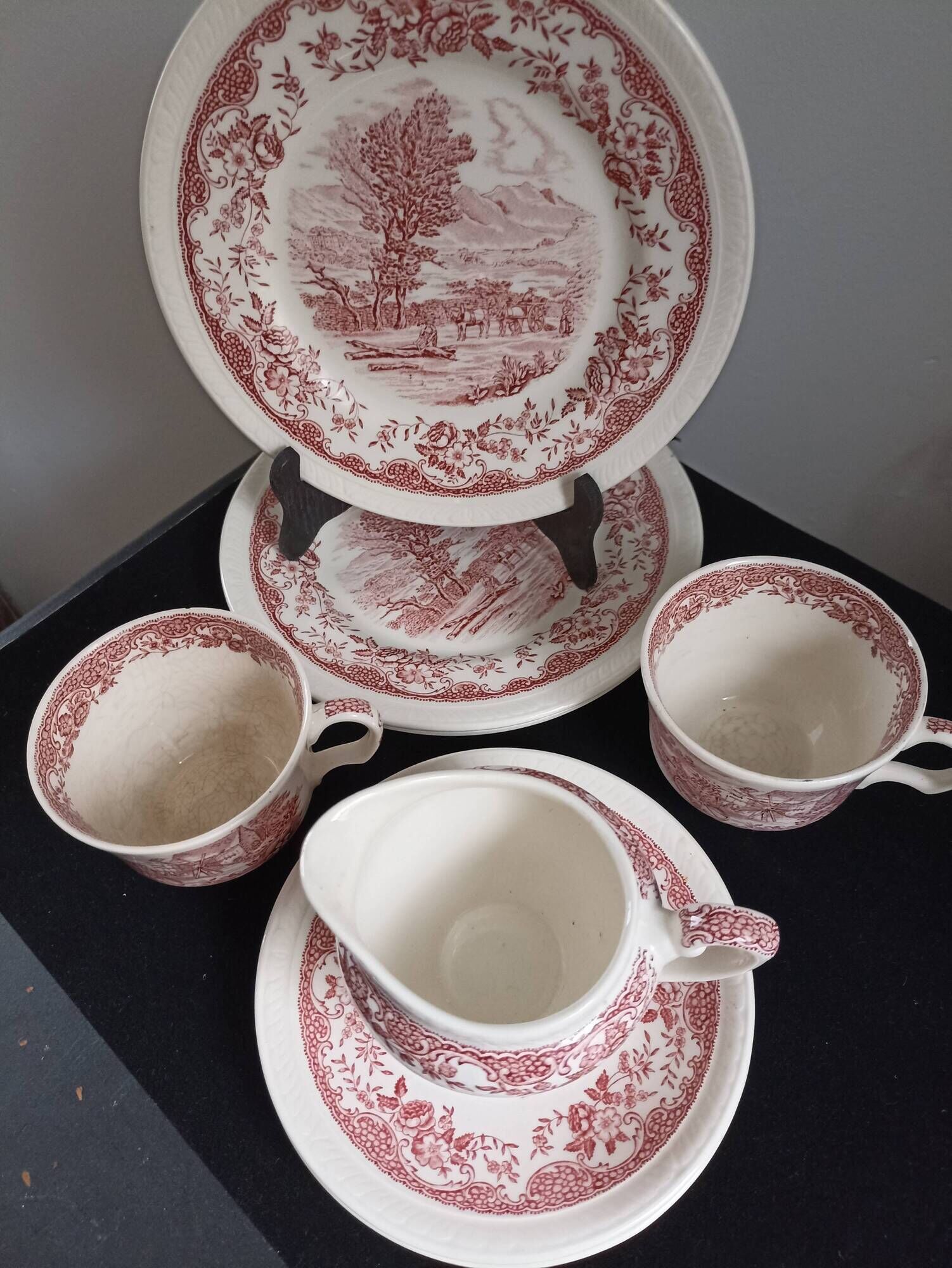 Staffordshire cups, saucers, plates and milk jar