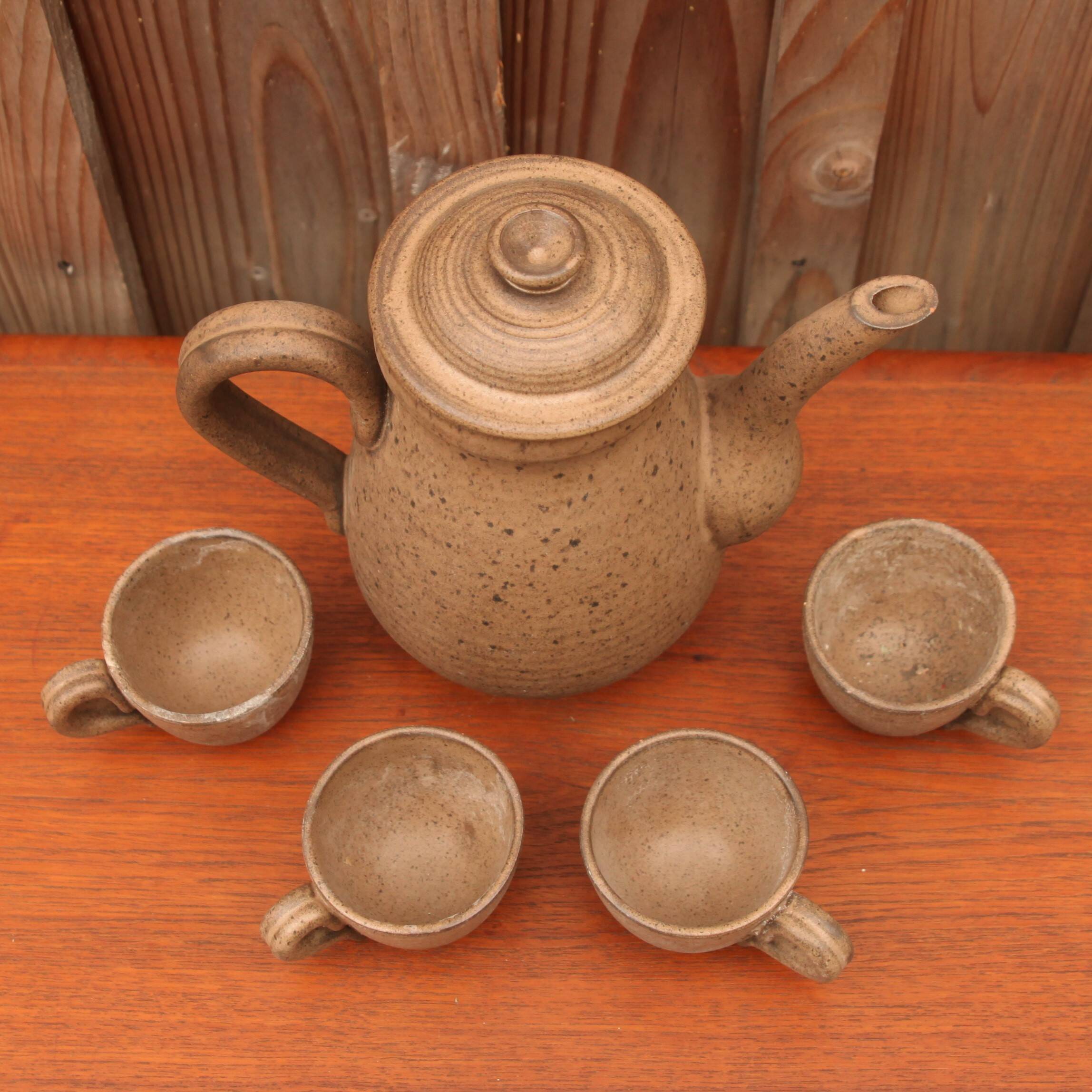 Vallauris stoneware coffee set, 4 cups and coffee pot