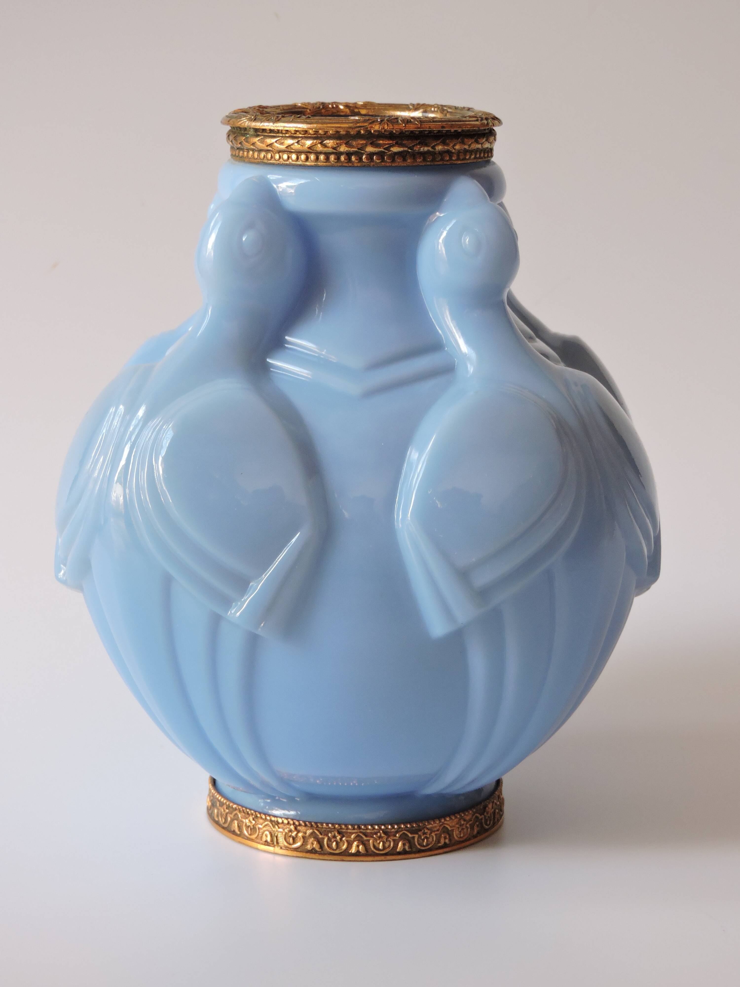 Art Deco vase in molded and pressed opaline. Stamped CLA France décor of Birds