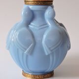 Art Deco vase in molded and pressed opaline. Stamped CLA France décor of Birds