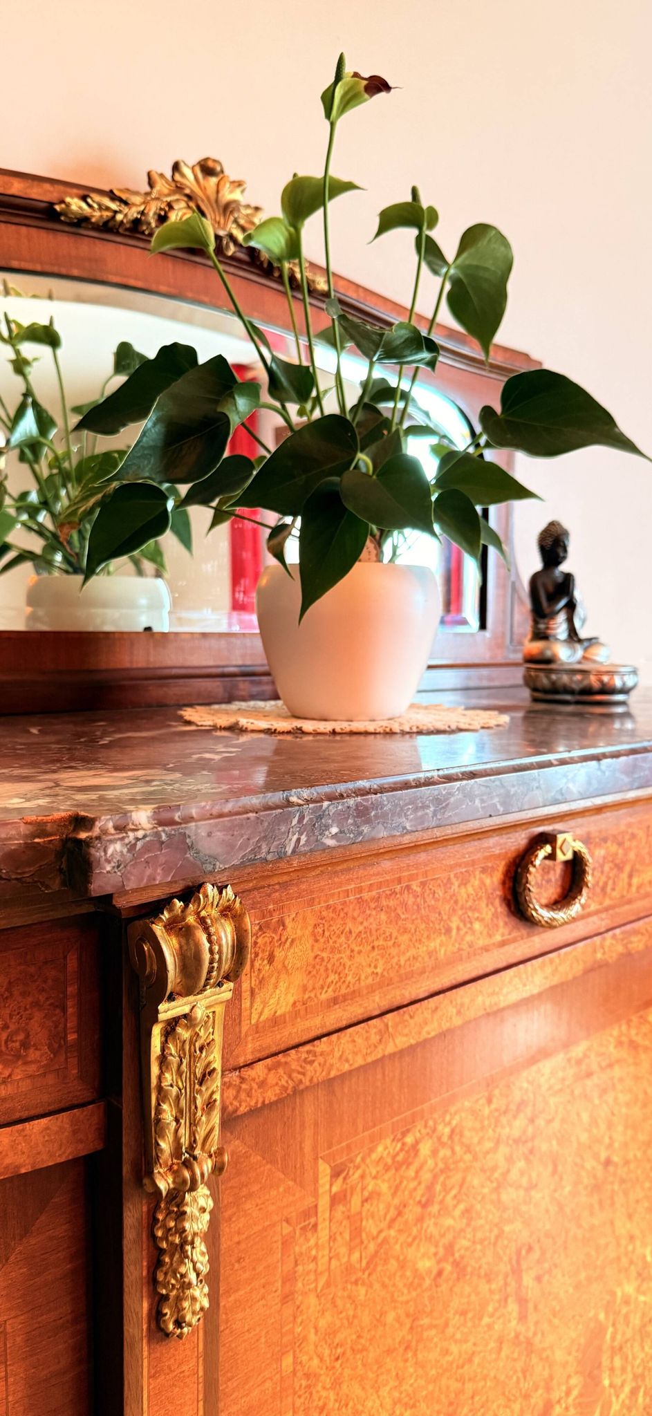 Rare antique buffet with marble, bronze, and marquetry in the Louis XVI style.