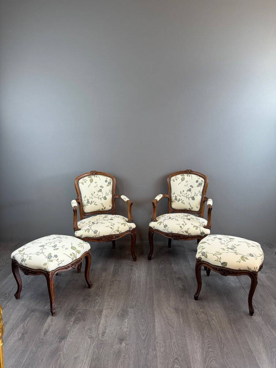 Pair of Louis XV Style Armchairs and Two Footstools, 19th Century