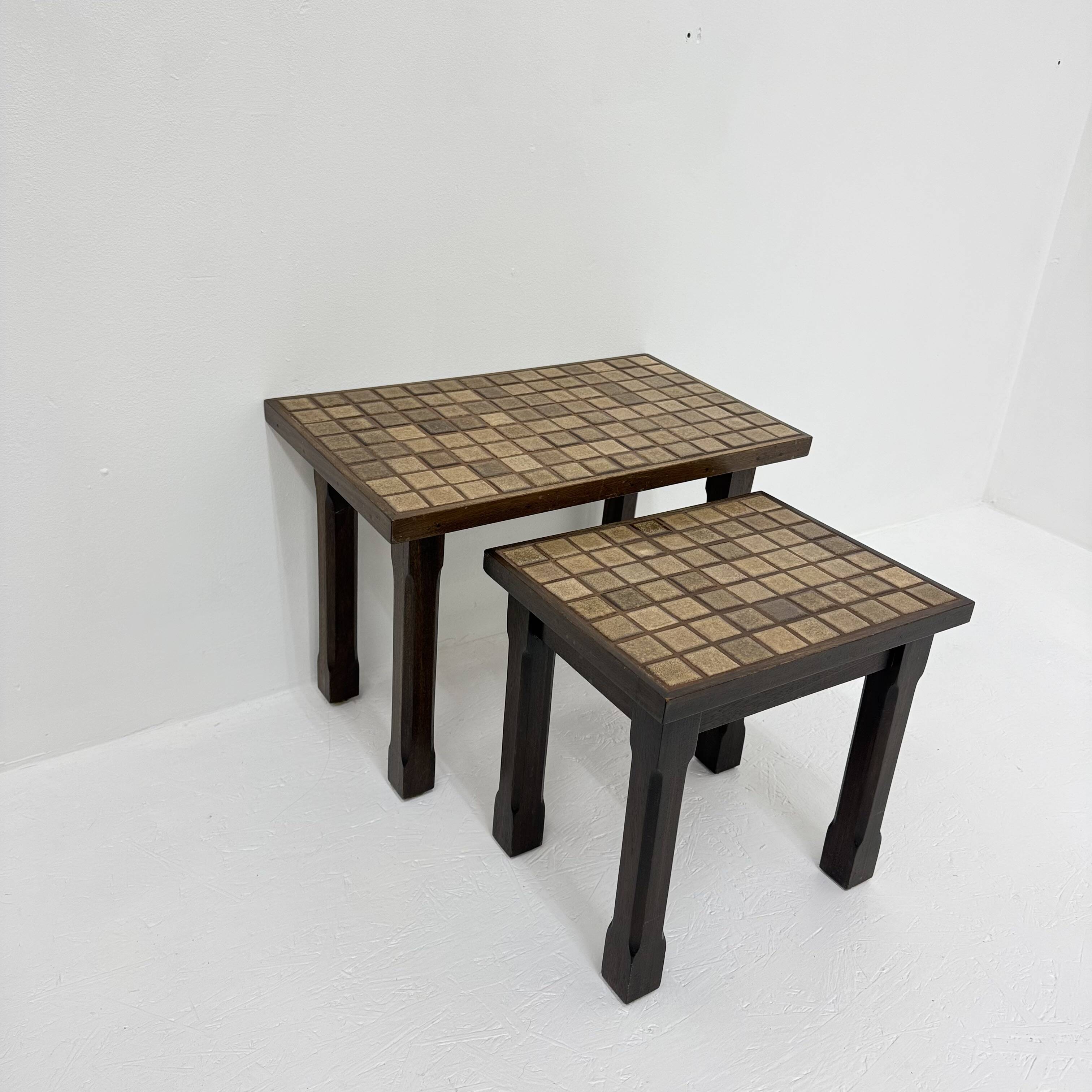 Set of 2 brutalist side tables solid oak wood with tile top , 1970s