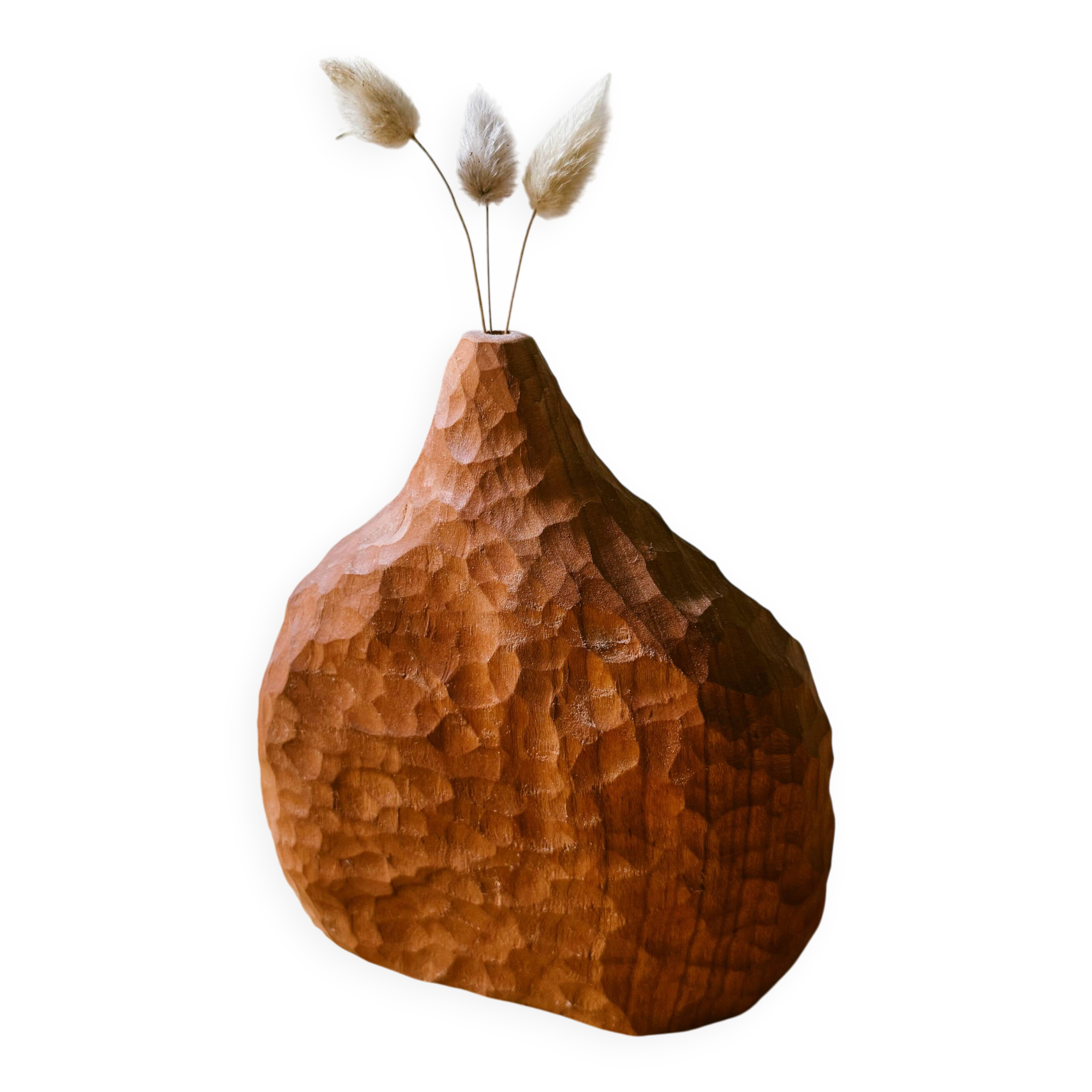 Hand-carved soliflore vase in solid cherry wood.