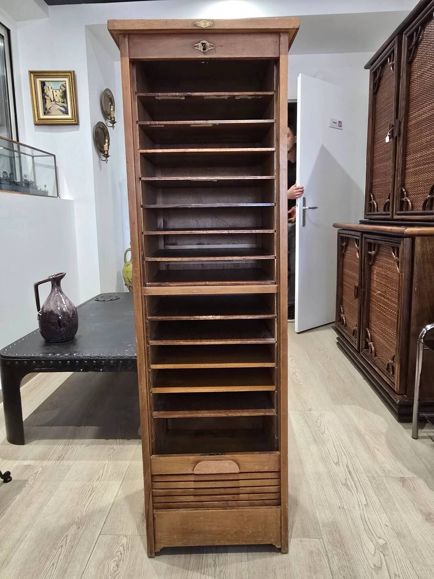 Vintage gm radia cabinet with curtain – office furniture from the 1930s/40s.