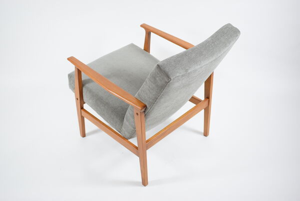 Fauteuil poli vintage restauré années 1960 tissu gris, teck