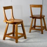 Pair of brutalist wooden back stools. France, circa 1960