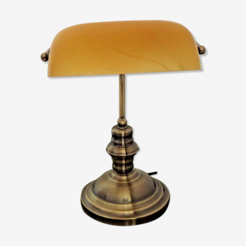 French bronze effect metal bankers lamp amber & white glass shade