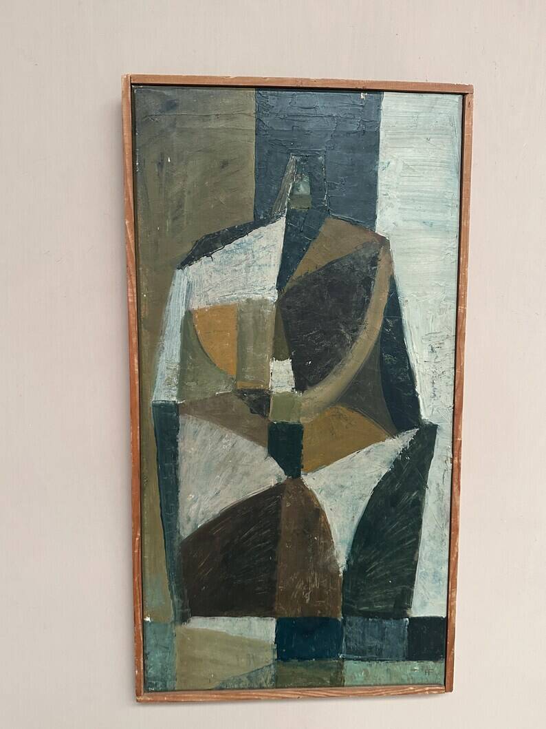 Original Swedish Oil on Canvas – "Abstrakt Komposition" by Hans Fritzdorf (1927–1990) – Vintage and Framed – 71 × 38 cm (28" × 15")